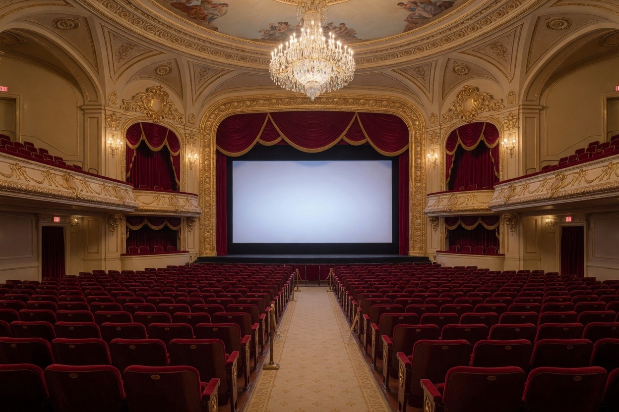 A grand old movie palace, red seats and a gold arch