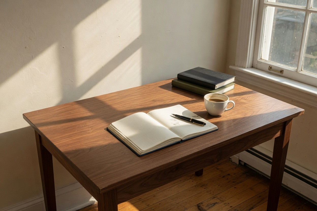 A walnut desk by a window, with a notebook and coffee